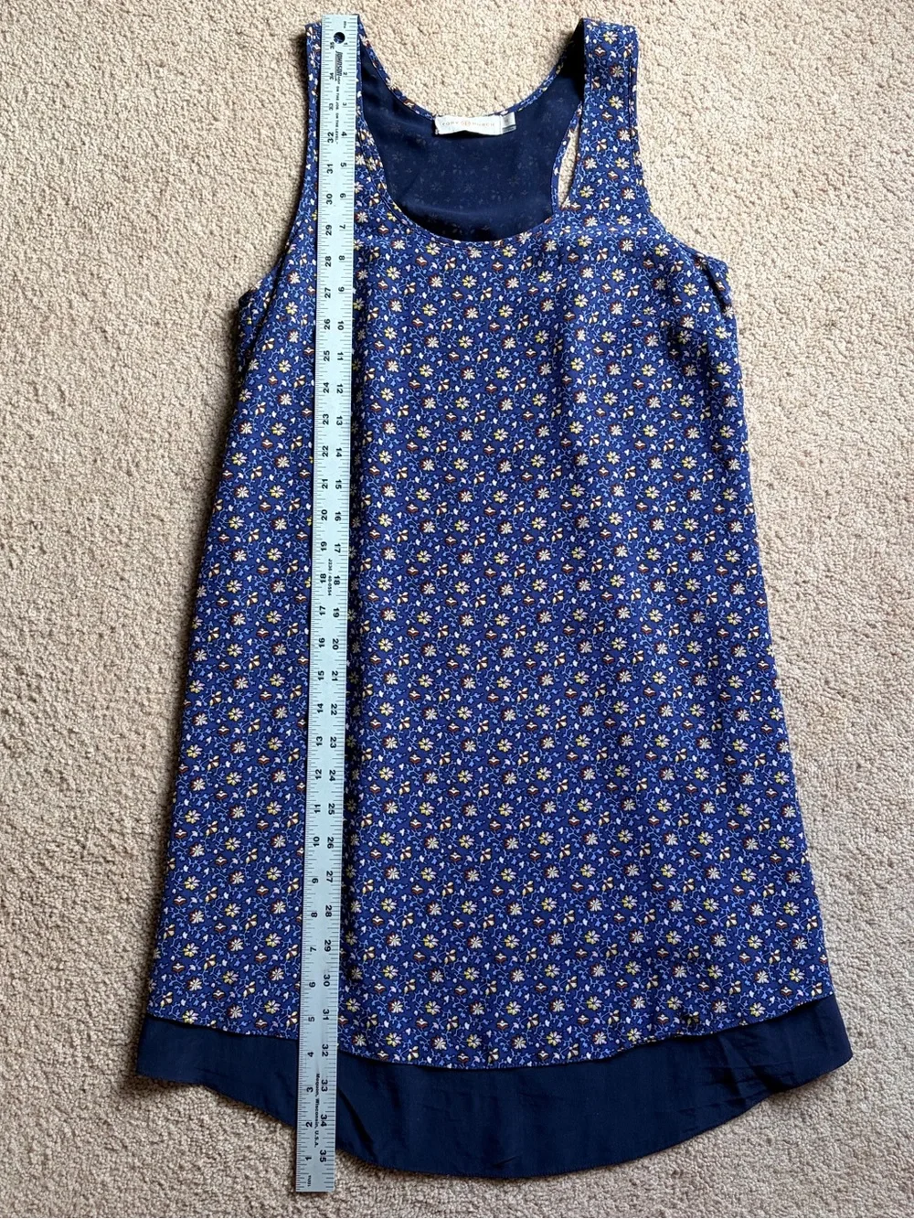 Tory Burch Sydney Silk Racerback Dress XS Navy Blue Floral, Double-lined, Flowy